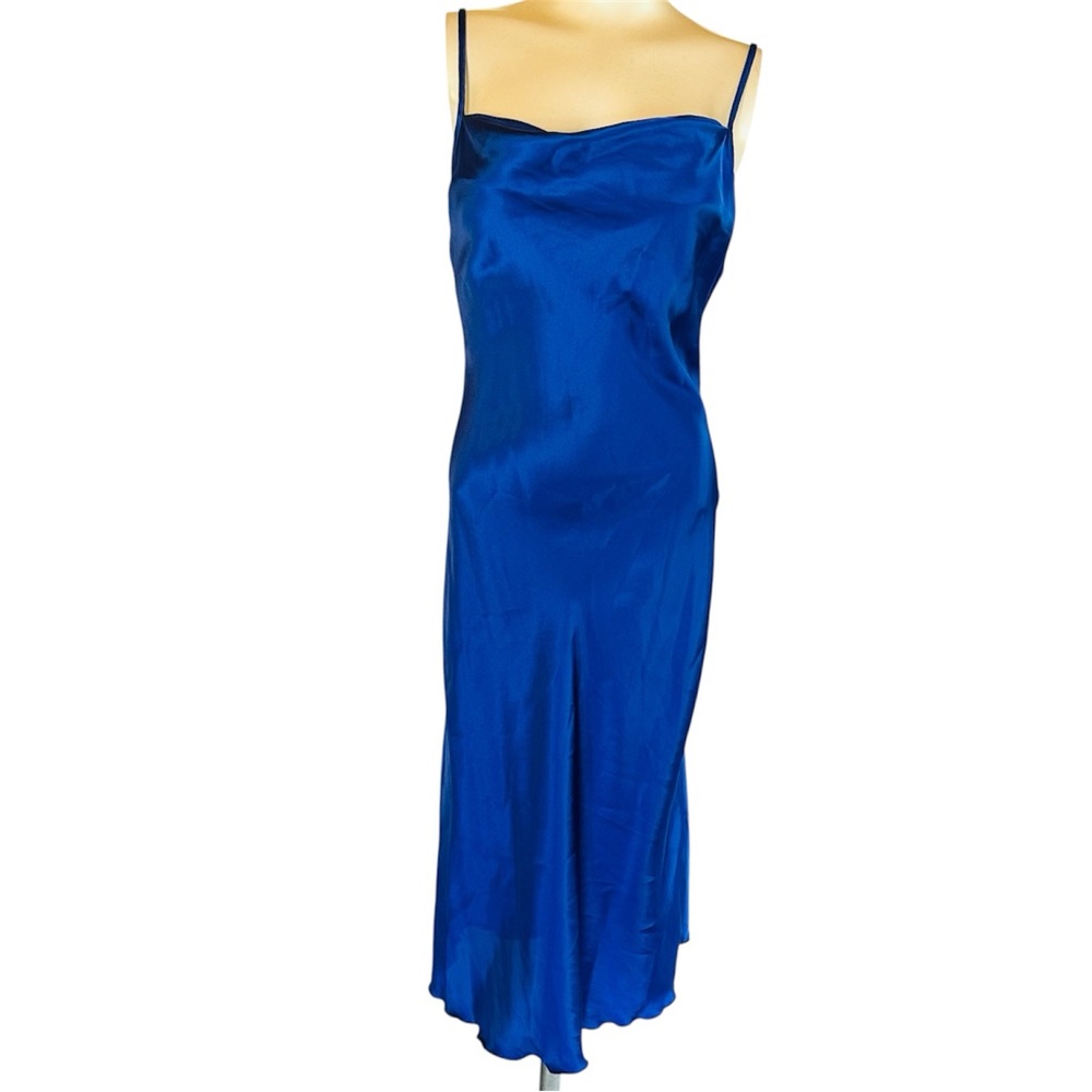 Bebe Cobalt Blue Satin Cowl Neck Slip Dress Bias Cut Midi Y2K Made USA XS